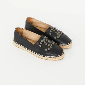 Chanel Black Embellished Logo Slip On Espadrille